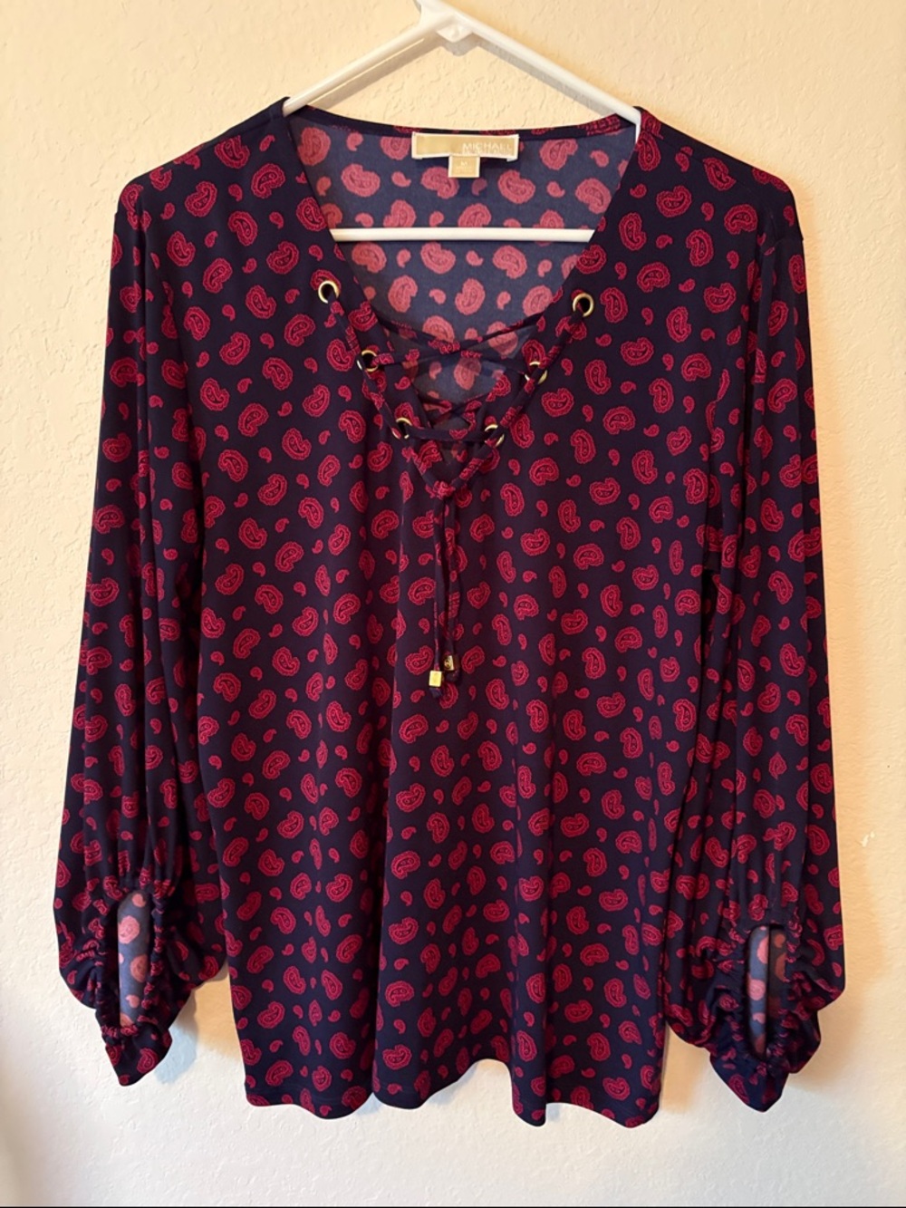 Michael Kors women’s Paisley Lace-Up Long-Sleeve Blouse - Navy & Red